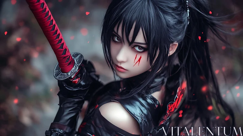 Midnight katana heroine framed in swirling crimson sparks.