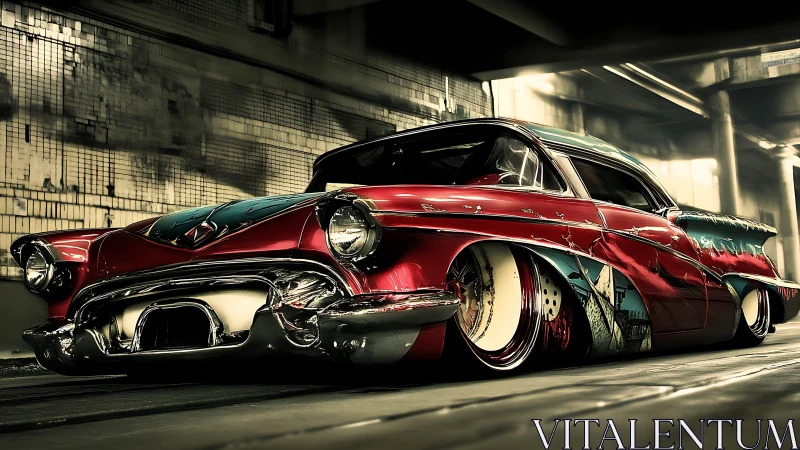 Custom lowrider classic car underpass scene at night.