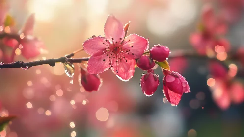 Pink peach blossoms adorned with morning dew droplets on dark branch.