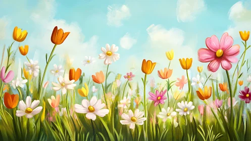 Vibrant Wildflower Meadow Under Spring Sky.