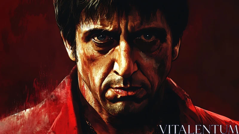 Brooding crime kingpin painted in molten crimson shadows.