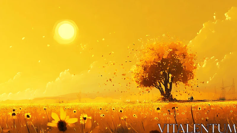 Golden sunflower field with autumn tree under radiant sun.