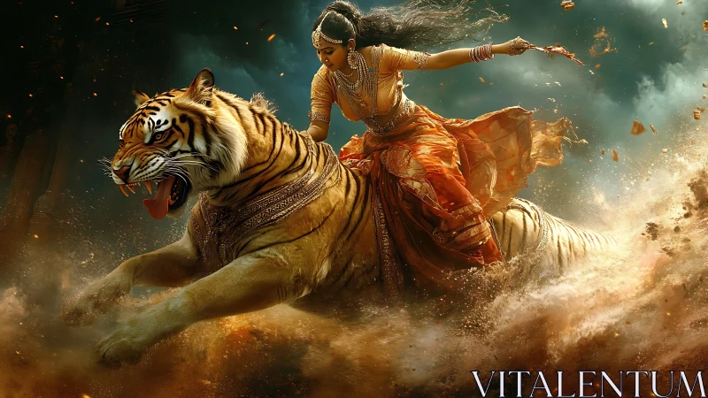 Warrior goddess riding tiger through swirling firestorm.