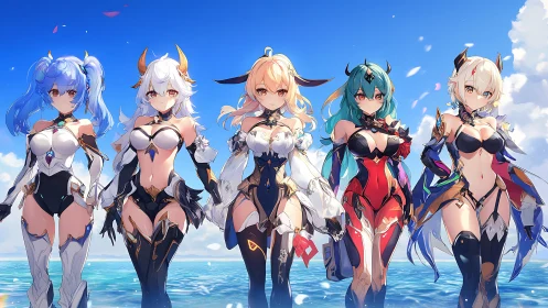 Anime beach heroines stand united under a radiant sky