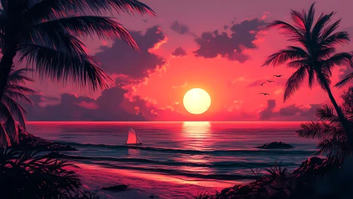 Digital seascape shows stylized sunset over palm coast