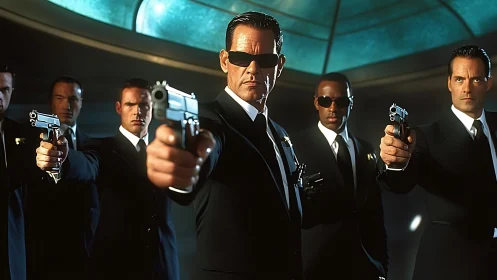 Armed suited agents converge with pistols under teal skylight.