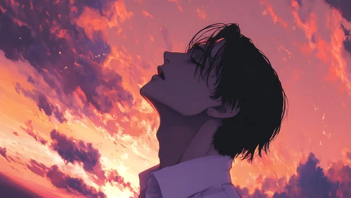 Silhouetted person in profile against vivid sunset clouds