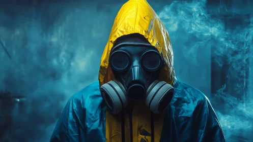 Person in hazmat suit and gas mask stands in dense smoke