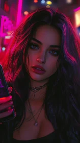 Neon city glow around a thoughtful midnight wanderer.