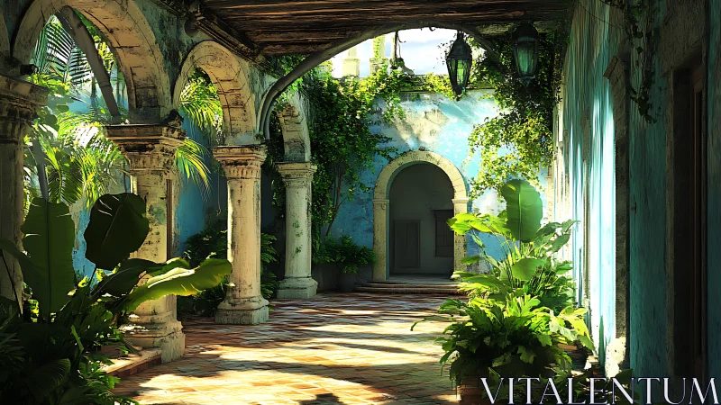 Ruined Spanish Colonial Courtyard with Weathered Arches and Overgrown Vegetation