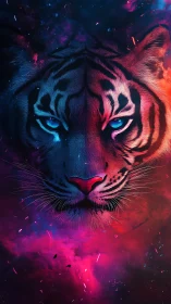 Cosmic tiger portrait in neon magenta and cyan glow.