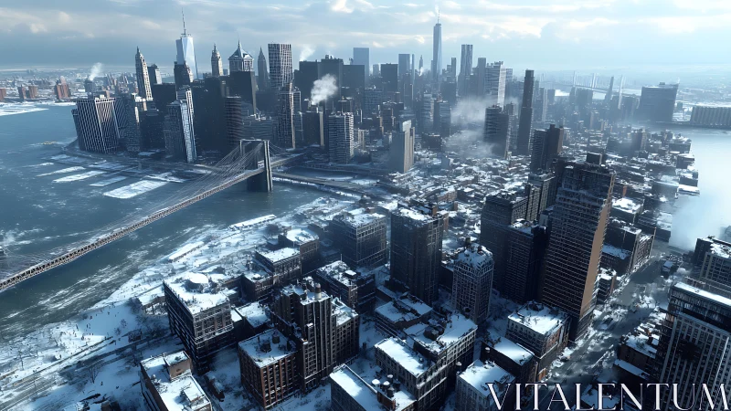 Snow covered city skyline with frozen river and bridge.