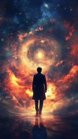 Solitary figure stands before swirling cosmic portal