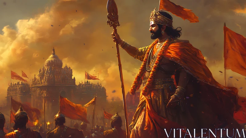 Epic warrior king before temple under storm-lit sky composition.