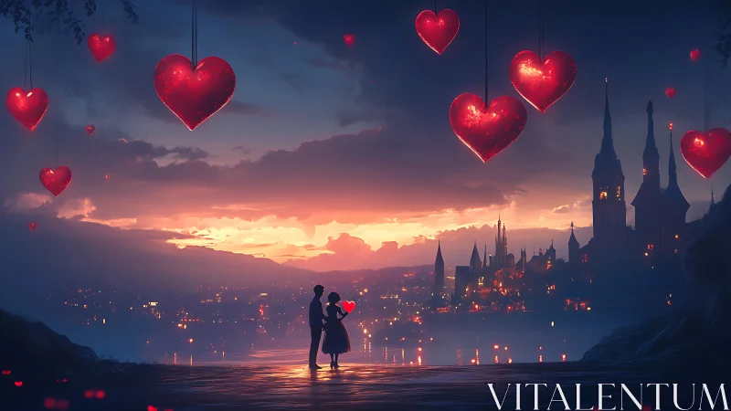 Romantic couple beneath luminescent floating hearts and twilight cityscape.