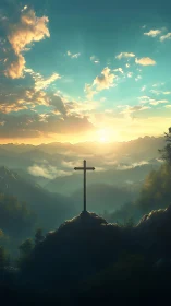 Sunrise cross over misty mountains and quiet forest valley.