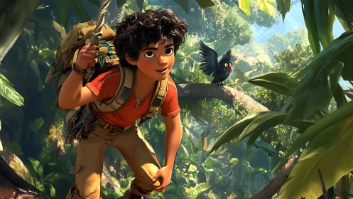 Curly haired jungle explorer and chatty bird in bright adventure.