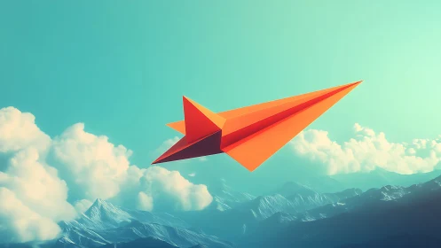 Orange paper airplane gliding over stylized blue mountains.