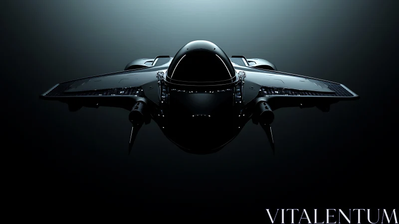 Futuristic black spacecraft rendered in dramatic 3D lighting.