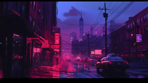 Neon rainstreet where midnight taxis hum and wires sing.