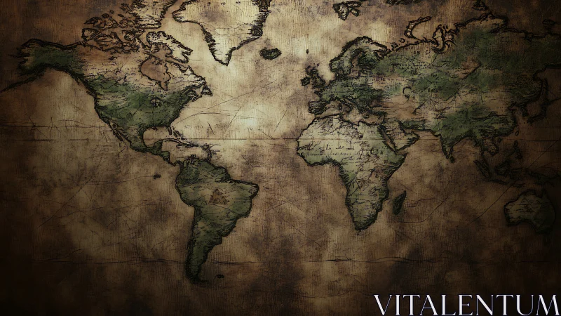 Weathered world map whispers stories across stained seas