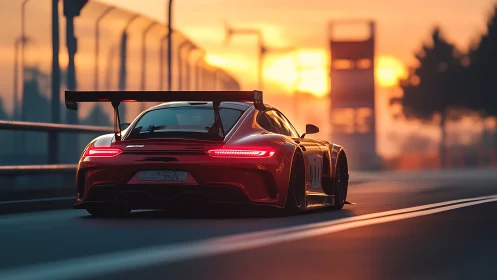 Red GT race car powers through sunrise track curves.