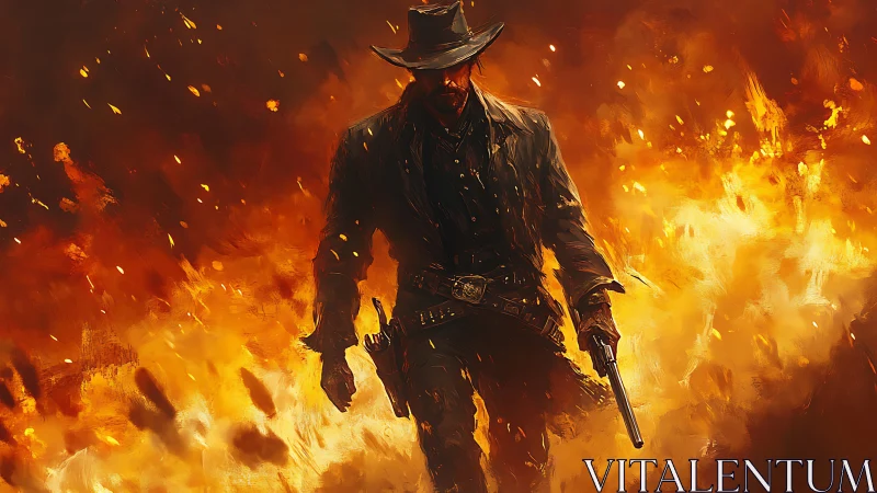 Ballistic frontier gunslinger emerging through incendiary vortex.