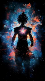 Silhouetted warrior figure within glowing cosmic burst.