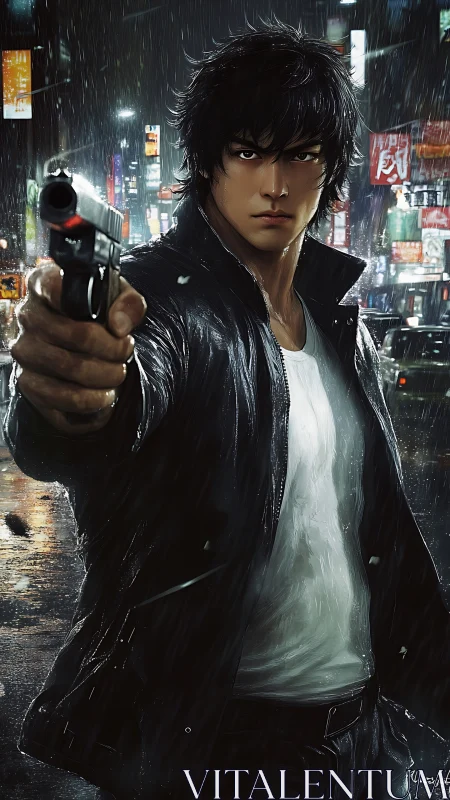 Man in wet city street points handgun directly at viewer