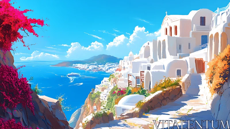 Sunlit cliffside village above vivid turquoise seascape.