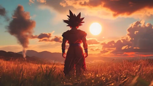 Backlit martial figure in hyperreal sunset field panorama.