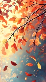 Autumn foliage drifts past sunlit branches in stylized digital art