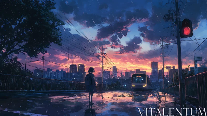 Anime twilight cityscape with reflective rain-soaked roadway scene.