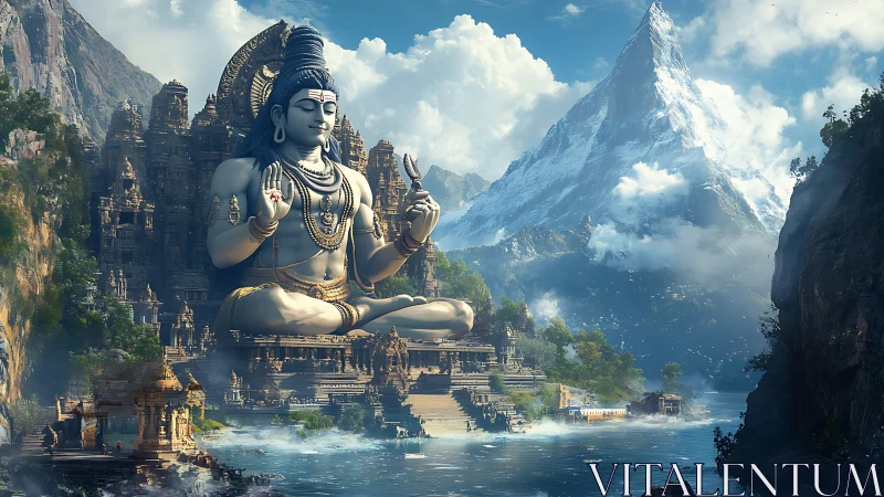 Digital painting of monumental Shiva temple in alpine valley.