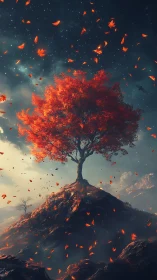 Solitary red tree stands on rocky hill under star field