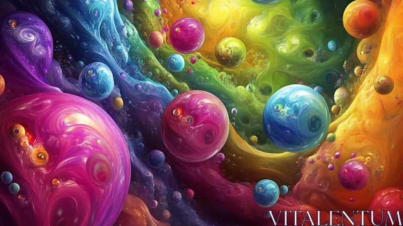 Prismatic cosmic spheres drift through swirling nebulae