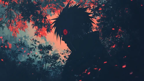 Silhouetted anime figure with glowing eye framed by high-contrast foliage