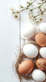 Brown and white eggs in nests on white wooden table.