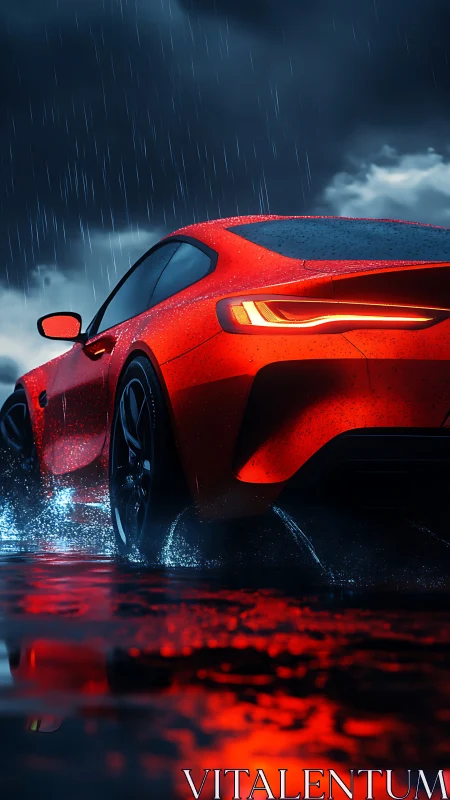 Red sports coupe accelerates through rain with cinematic lighting