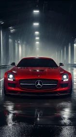 Red Mercedes sports coupe in wet tunnel under rainfall.