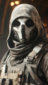 Hooded skull mask soldier in tactical combat gear portrait.