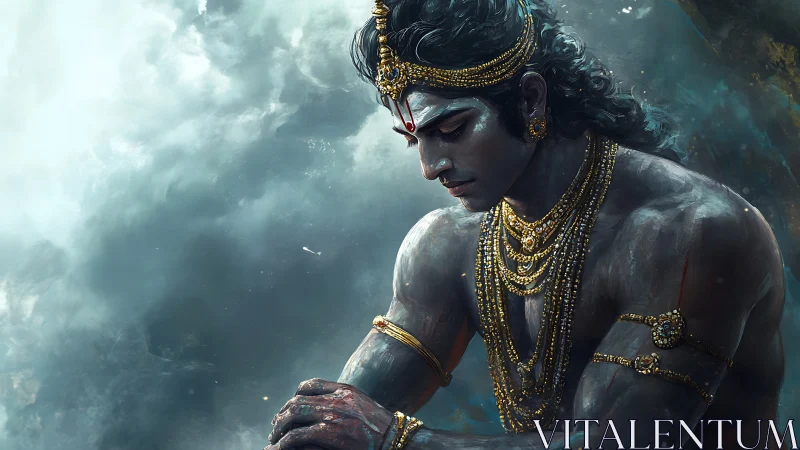 Quiet warrior in golden adornments above stormy clouds.