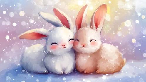Soft-lit digital painting portrays two cuddling winter bunnies