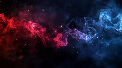 Red and blue energy smoke streams twist across dark void