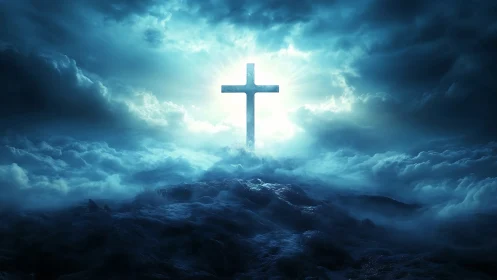 Luminous cross above clouded landscape under blue sky.