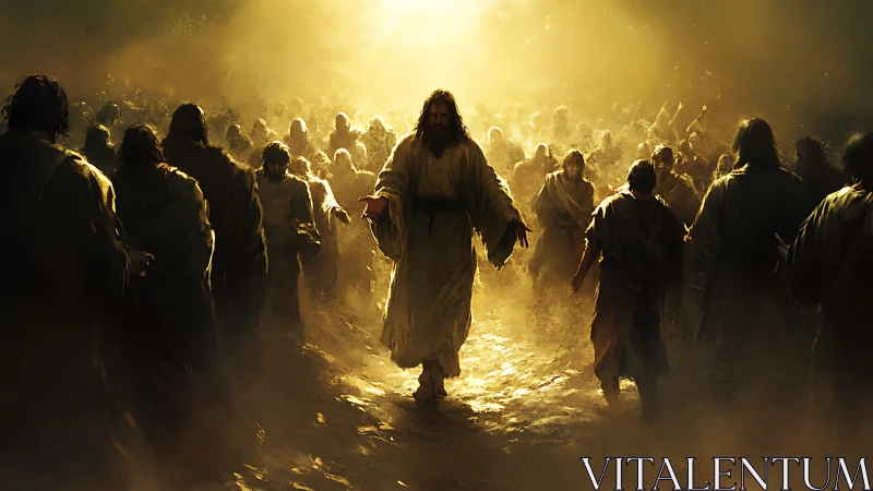 Radiant robed leader emerging through golden misted crowd.
