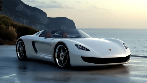 Sleek white roadster rests by a calm ocean at sunset