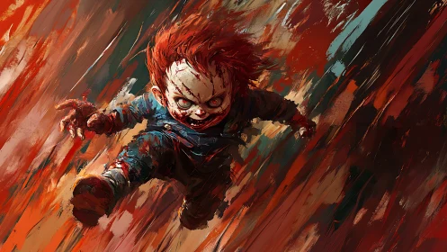 Red‑haired nightmare doll hurtles through a bloodstorm.