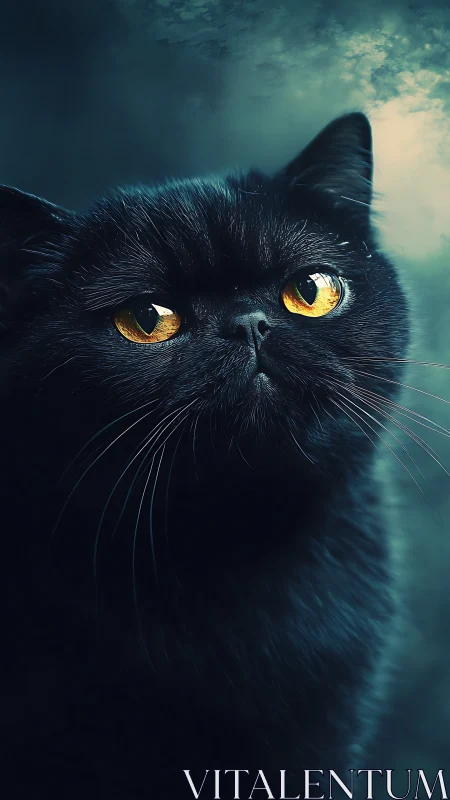 Black feline with golden iris optical luminosity and whisker prominence.