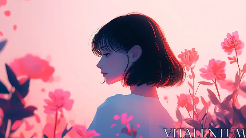 Dreamy girl adrift in neon dusk wildflower hush.